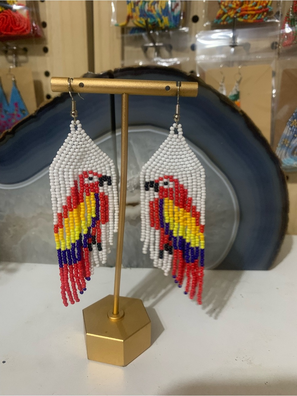Handmade Beaded Parrot Bird Toy - White with Red, Yellow & Blue